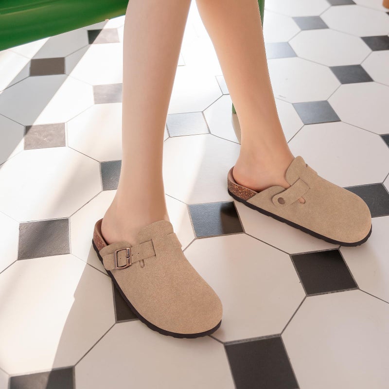 KIDMI Unisex Vegan Suede Clogs Leather Mules Womens Mens Cork Footbed Potato Shoes with Arch Support, Vegan Suede Taupe, Size 44 - Image 2