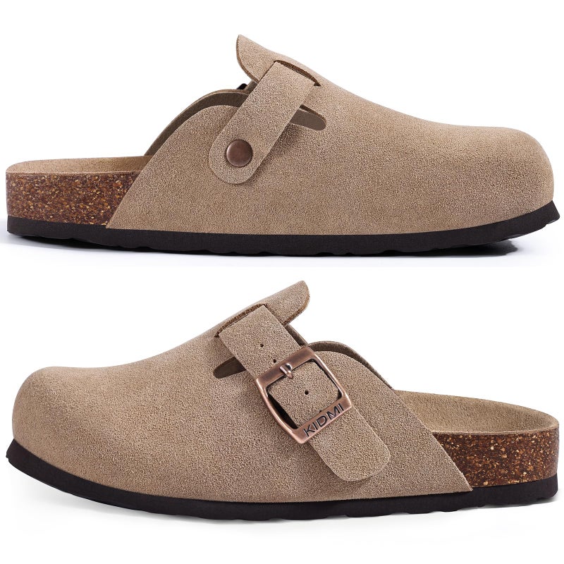KIDMI Unisex Vegan Suede Clogs Leather Mules Womens Mens Cork Footbed Potato Shoes with Arch Support, Vegan Suede Taupe, Size 44 - Image 4