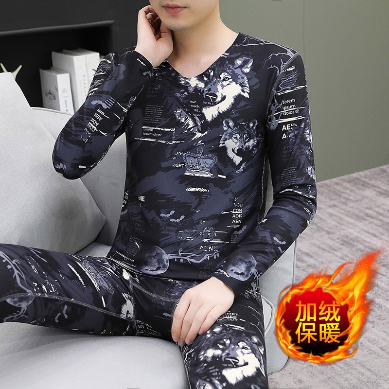 Men'S Velvet Thermal Underwear Thickened Suit Winter Cold Autumn Clothes Autumn Trousers Youth V-Neck Base Shirt For Outer Wear - Image 2