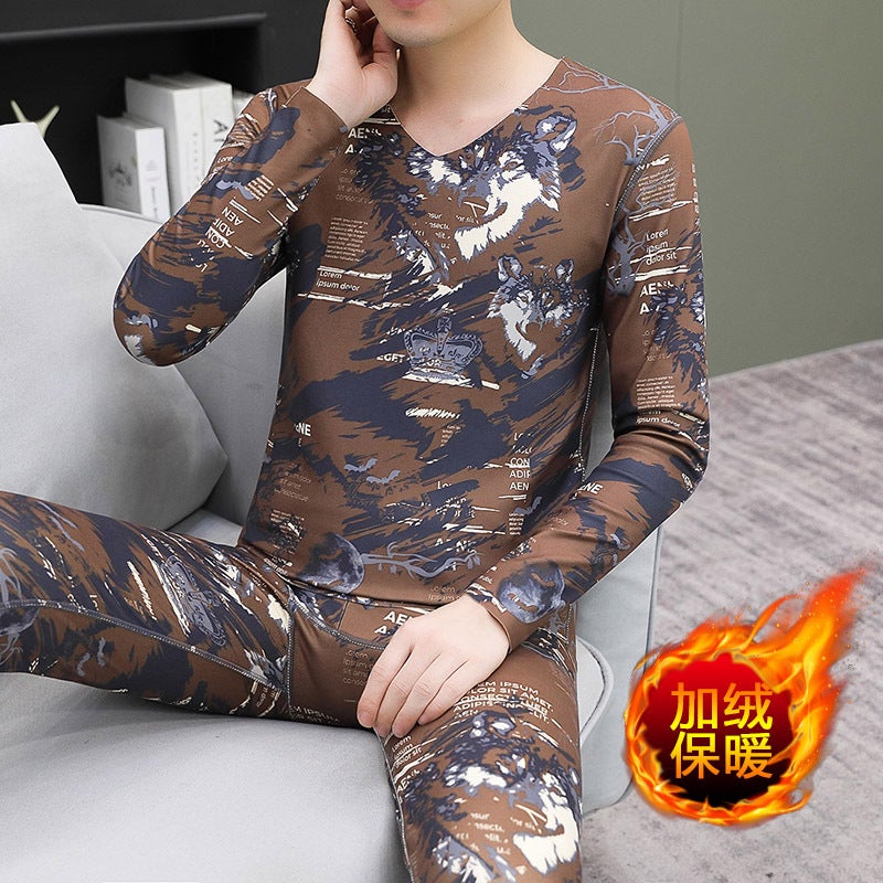 Men'S Velvet Thermal Underwear Thickened Suit Winter Cold Autumn Clothes Autumn Trousers Youth V-Neck Base Shirt For Outer Wear - Image 1