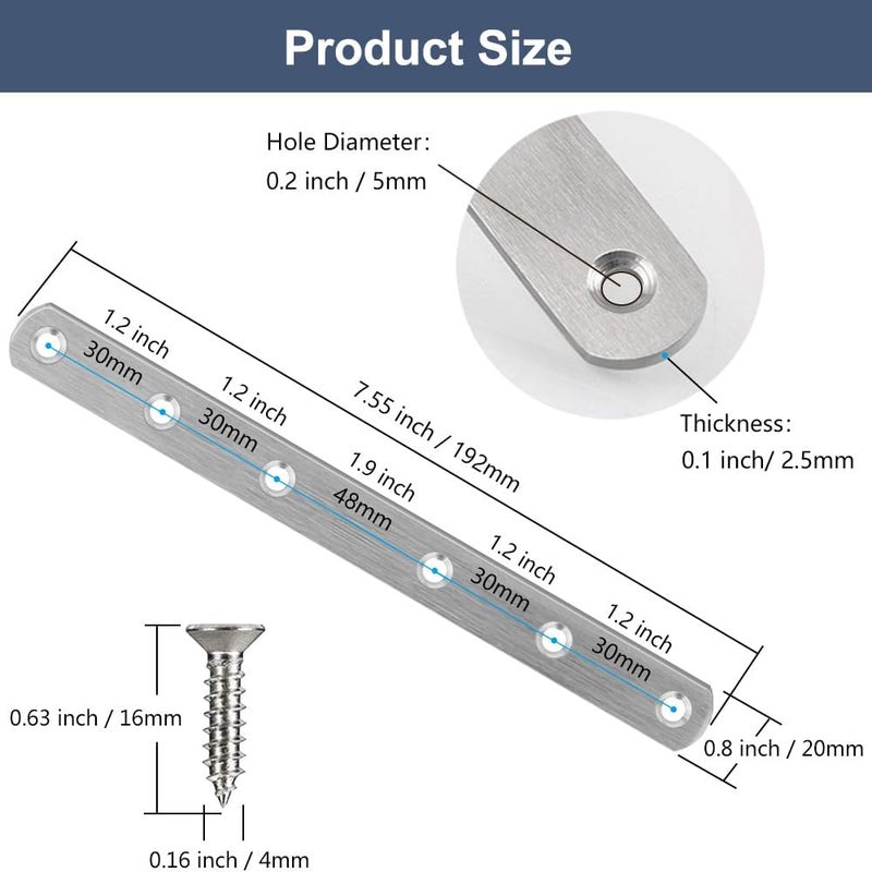 YEWLACA 4 Pcs Straight Brackets 8 Inch Flat Brace Stainless Steel Straight Mending Plates for Wood, Heavy Duty Repair Fixing Joining Brackets with Screws - Image 2