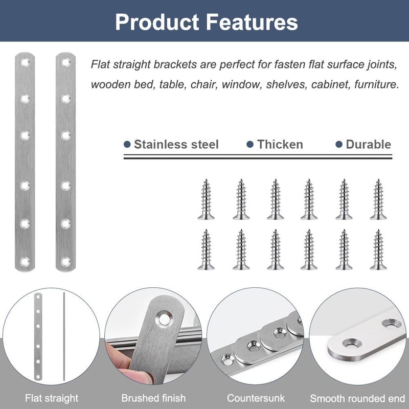 YEWLACA 4 Pcs Straight Brackets 8 Inch Flat Brace Stainless Steel Straight Mending Plates for Wood, Heavy Duty Repair Fixing Joining Brackets with Screws - Image 3