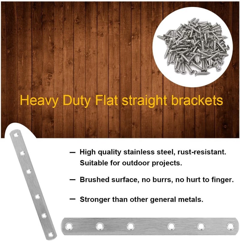 YEWLACA 4 Pcs Straight Brackets 8 Inch Flat Brace Stainless Steel Straight Mending Plates for Wood, Heavy Duty Repair Fixing Joining Brackets with Screws - Image 4