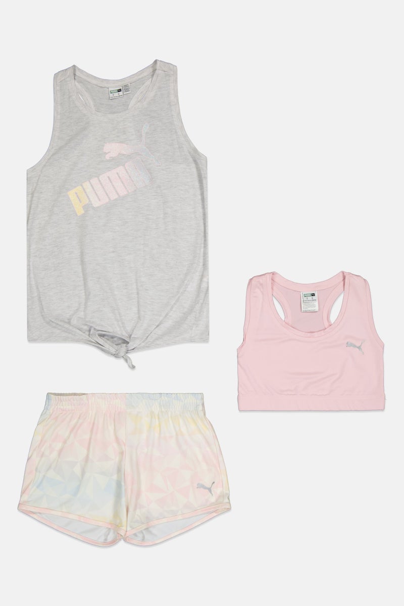 PUMA Kids Girl 3 Pcs Sportswear Fit Sleeveless Tops And Bottom Outdoor Set, Multicolor - Image 2