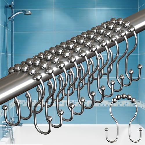 BigFoot Shower Curtain Hooks Stainless Steel Rust Resistant Easy Installation Smooth Glide Fits Standard Shower Rods 2 Hook Rings Hold Liners Curtains 12 Pieces Nickel Color