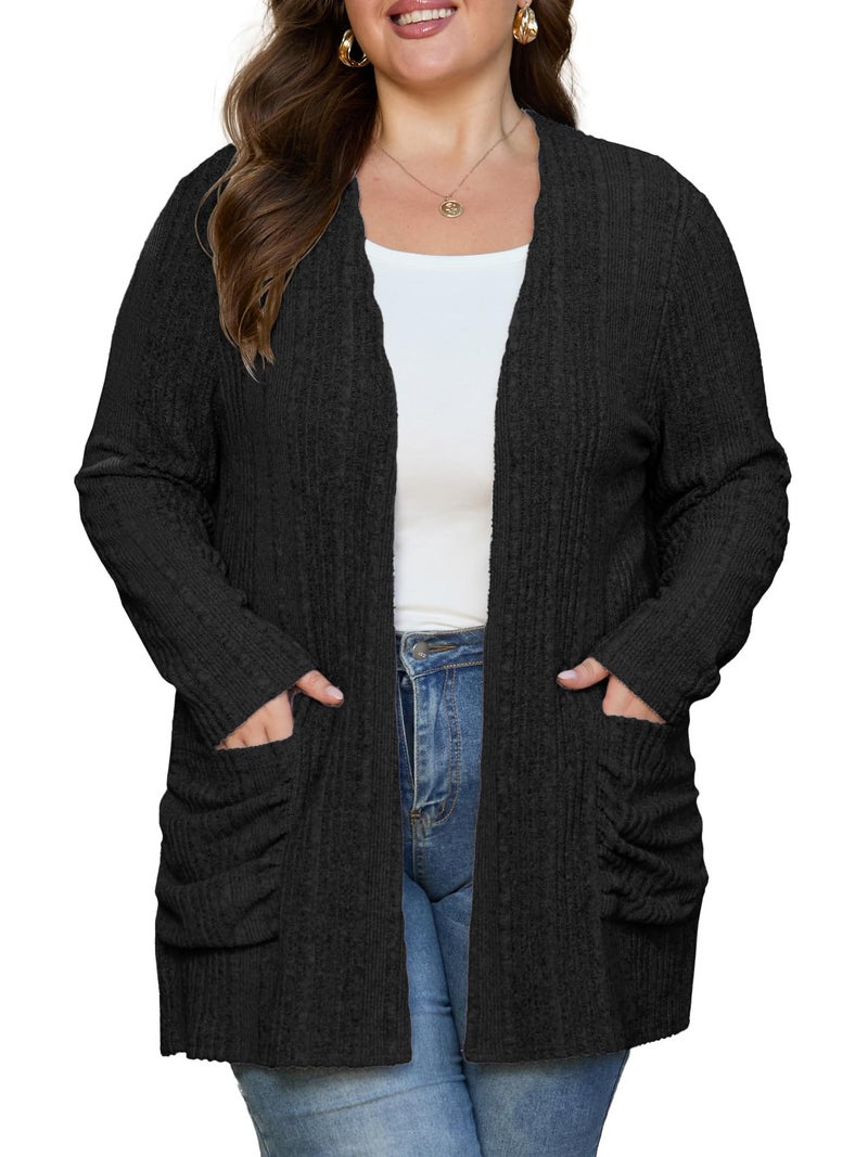 OLRIK Plus Size Cardigan for Women Open Front Lightweight Sweater with Pocket Winter Clothes Black-4X - Image 1