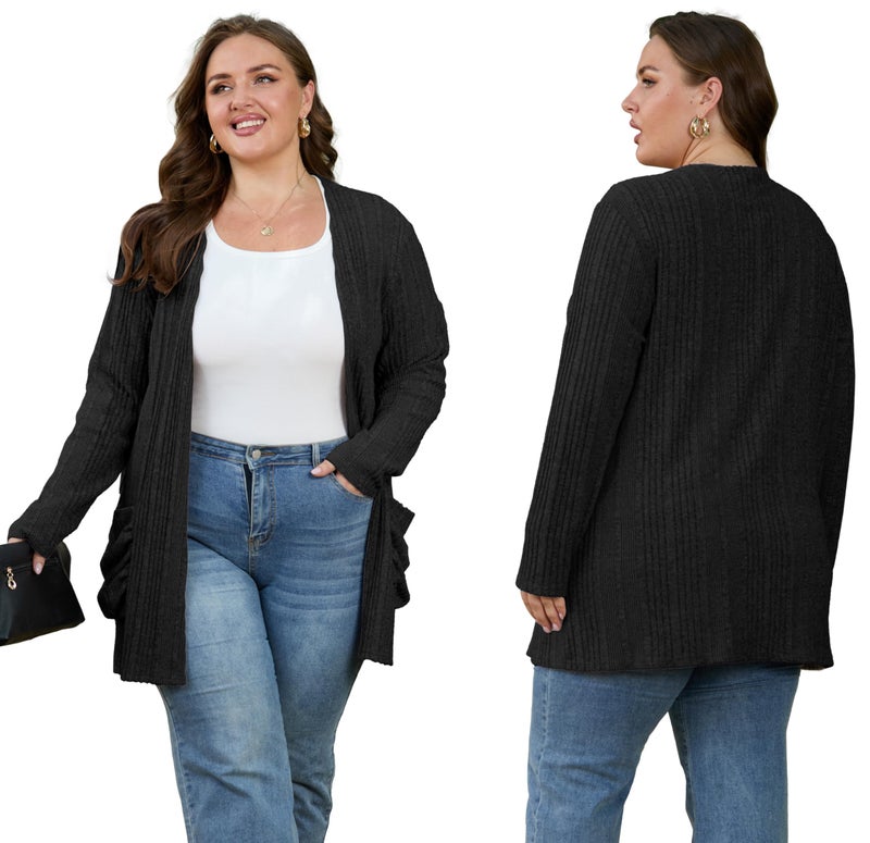OLRIK Plus Size Cardigan for Women Open Front Lightweight Sweater with Pocket Winter Clothes Black-4X - Image 4