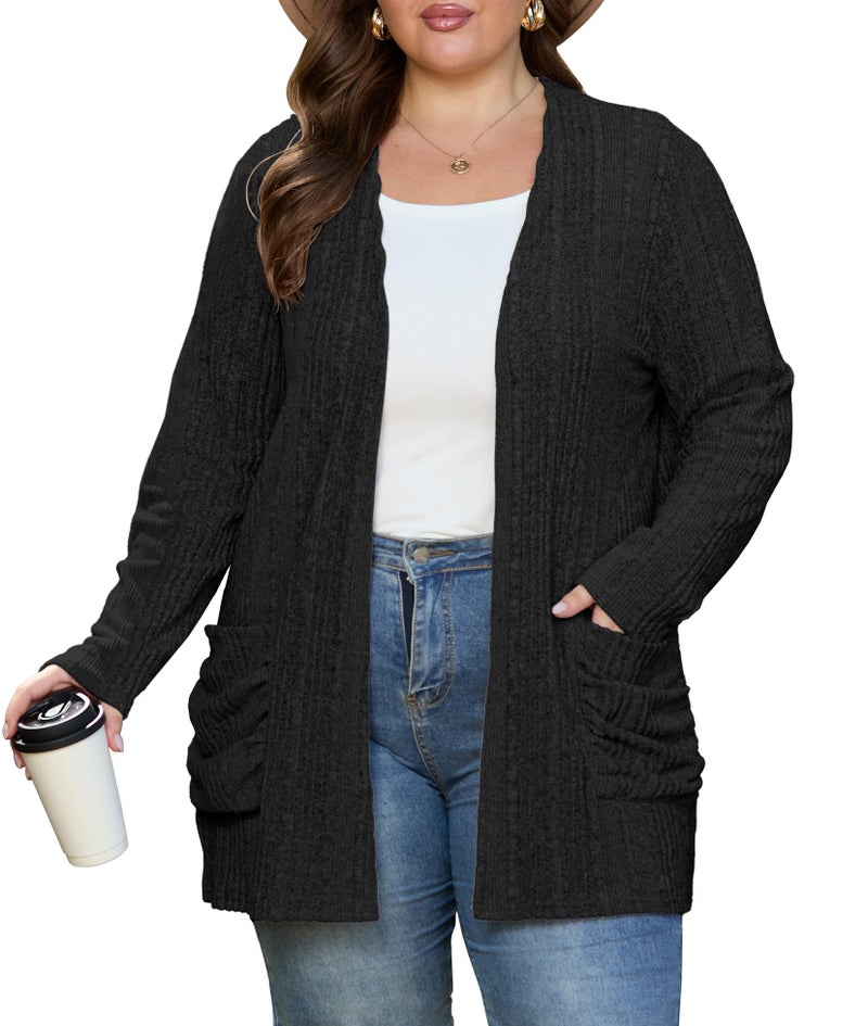 OLRIK Plus Size Cardigan for Women Open Front Lightweight Sweater with Pocket Winter Clothes Black-4X - Image 2