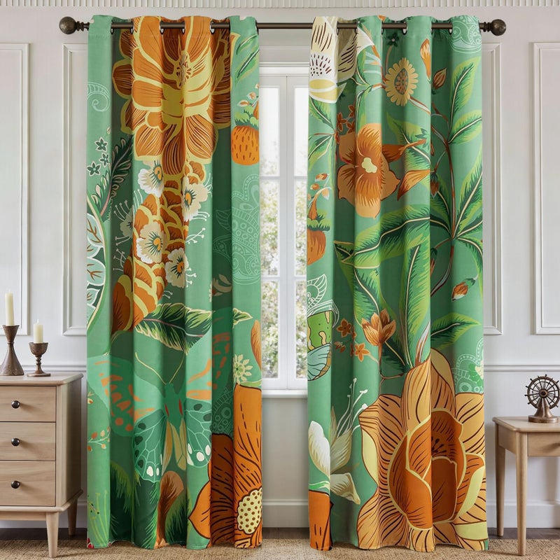 Tyrot Sage Green Boho Floral 100% Blackout Curtains for Bedroom 84 inch Long 2 Panels Butterfly Botanical Black Out Curtains for Living Room Grommet Thermal Insulated Room Darkening Drapes,52Wx84L - Image 1