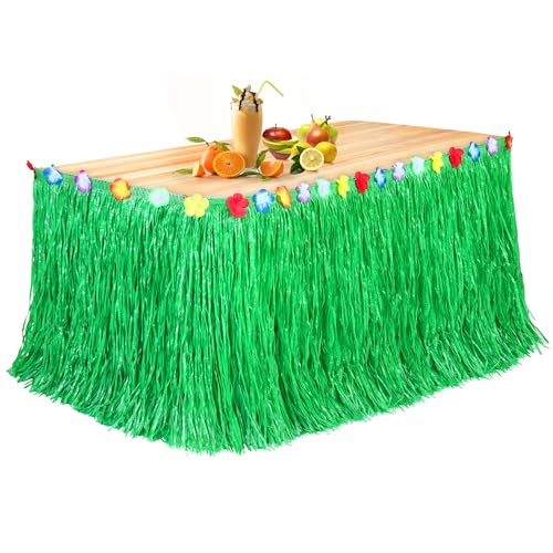 Fovths Luau Grass Table Skirt Natural 9 Feet x 29.5 Inch Hawaiian Table Skirt for Tropical Hawaiian Party Decorations Luau Party Costume Party, Green - Image 1