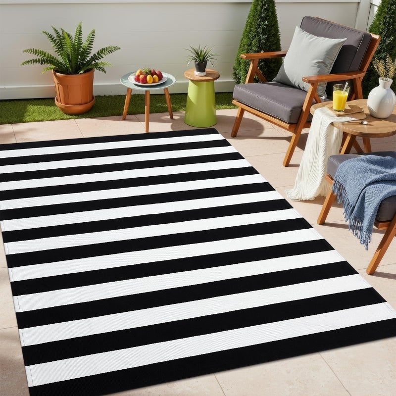 OLANLY Black and White Striped Rug 4' x 6' â€“ Washable Cotton Indoor Outdoor Doormat for Front Door, Entryway, Kitchen, Porch, Patio Decor - Image 1