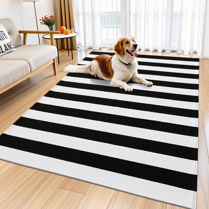 OLANLY Black and White Striped Rug 4' x 6' â€“ Washable Cotton Indoor Outdoor Doormat for Front Door, Entryway, Kitchen, Porch, Patio Decor - Image 3