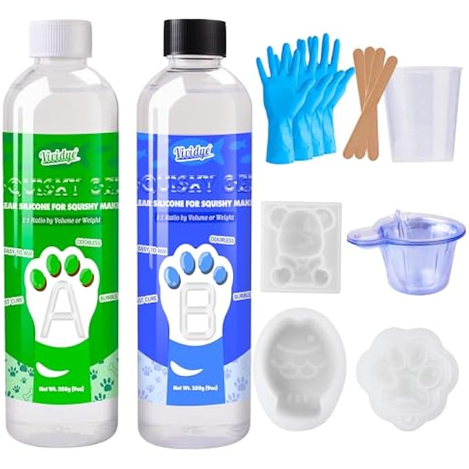Vividye Liquid Silicone for Taba Squishy Kit, Fast Cure Transparent Squishy Gel 1:1 AB Mixed, 18oz Super Soft Silicone Rubber Squishy Maker with Cat Paw/Bear/Taiyaki Mold, DIY Decompression Gift for Beginner - Image 1
