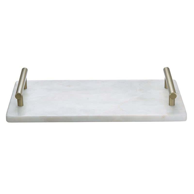Queenza Decorative Marble Vanity Tray with Gold Metal Handles, 30x20 cm, White - Image 1