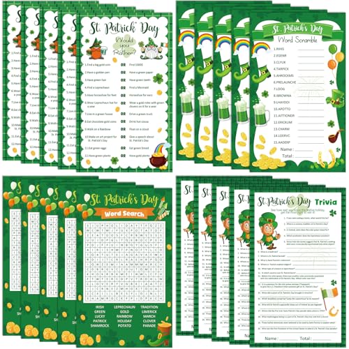 Lonfliness 83Pcs St Patricks Day Games Cards for Adults Irish Trivia Word Scramble Word Search Would You Rather Game Lucky Shamrock Party Supplies for School Classroom Family Activity Birthday Party Favor - Image 1