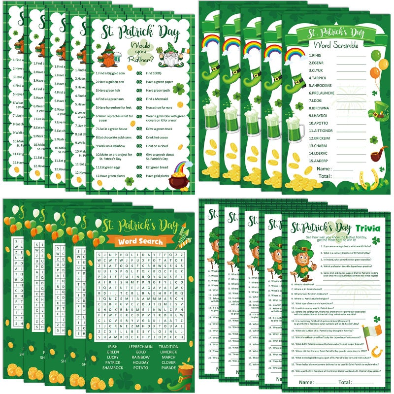 Lonfliness 83Pcs St Patricks Day Games Cards for Adults Irish Trivia Word Scramble Word Search Would You Rather Game Lucky Shamrock Party Supplies for School Classroom Family Activity Birthday Party Favor - Image 3