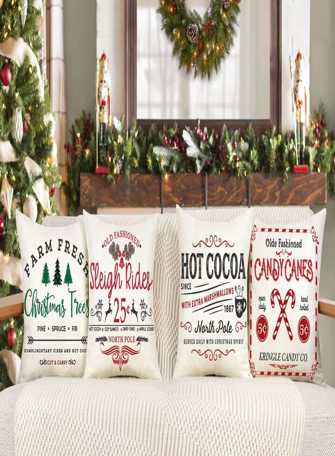 4TH Emotion Farmhouse Christmas Pillow Covers 18x18 Set of 4 Winter Holiday Decorations Xmas Rustic Throw Cushion Case for Sofa Couch Home Decor (Sleigh Rides, Farm Fresh Tree, Cocoa, Candy Canes) - Image 2
