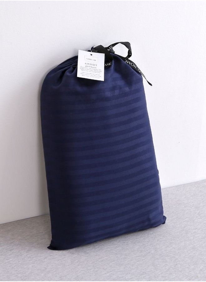 LUNA Home - Luxury King Size 6Piece Bedding Set Without Filling Dark Blue  Satin Striped Design - Image 1