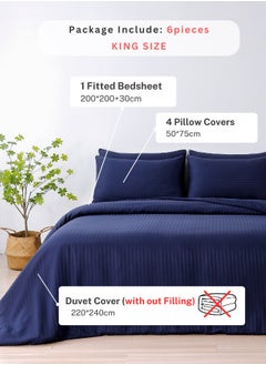 LUNA Home Luxury King Size 6Piece Bedding Set Without Filling Dark Blue  Satin Striped Design  - Image 2
