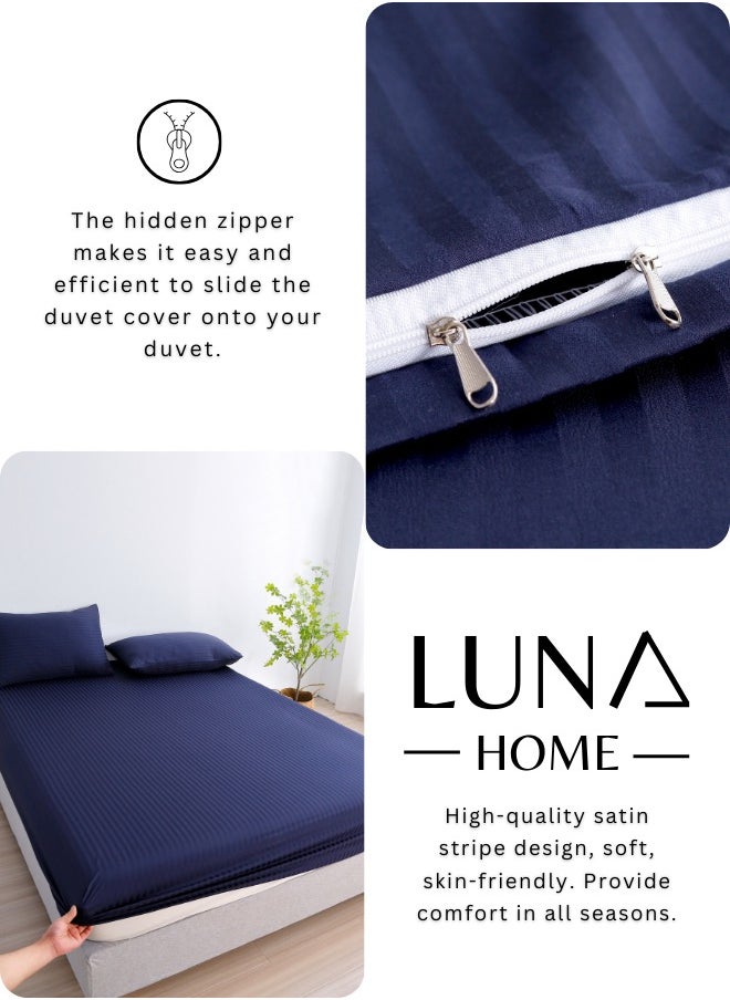 LUNA Home - Luxury King Size 6Piece Bedding Set Without Filling Dark Blue  Satin Striped Design - Image 1