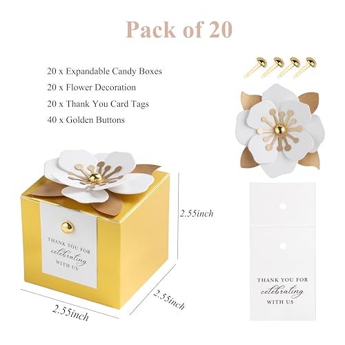 FEIYI 20 PCS Dusty Blue Candy Boxes 3 In 1 Candy Box with Floral Decor White Thank You Tags Gift wrapping for Wedding Birthday Baby Shower Decorations Party 255x255x255 inches Gold - Image 3