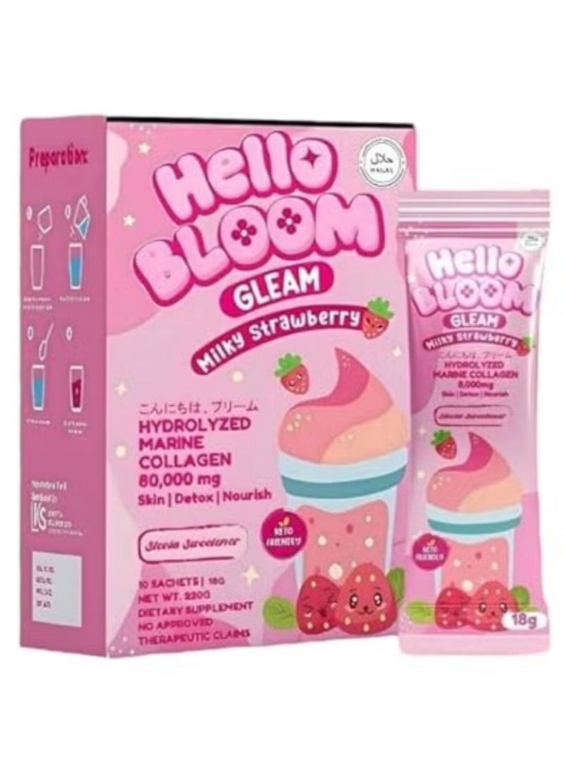 Hot Babe Hello Bloom Glim Milky Strawberry - Marine Collagen Drink 60,000 mg for Skin, Detox & Nutrition - Sweetened with Stevia - 10 Sachets - Image 2
