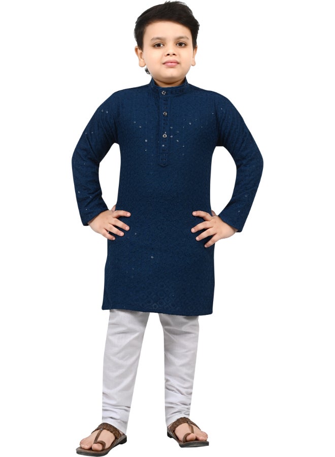 BT DEZINES Boys Blue Chikankari Kurta and Pyjama Set - Image 1