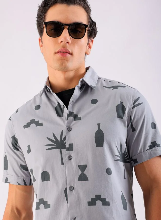 The Indian Garage Co Men Slim Fit Still Life Printed Half Sleeves Cutaway Collar Casual Shirt