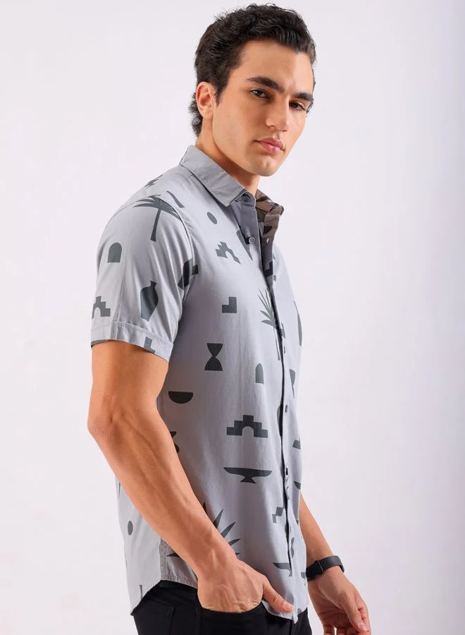 The Indian Garage Co Men Slim Fit Still Life Printed Half Sleeves Cutaway Collar Casual Shirt