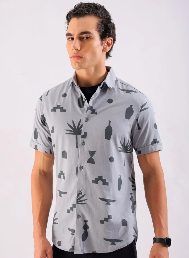 The Indian Garage Co Men Slim Fit Still Life Printed Half Sleeves Cutaway Collar Casual Shirt