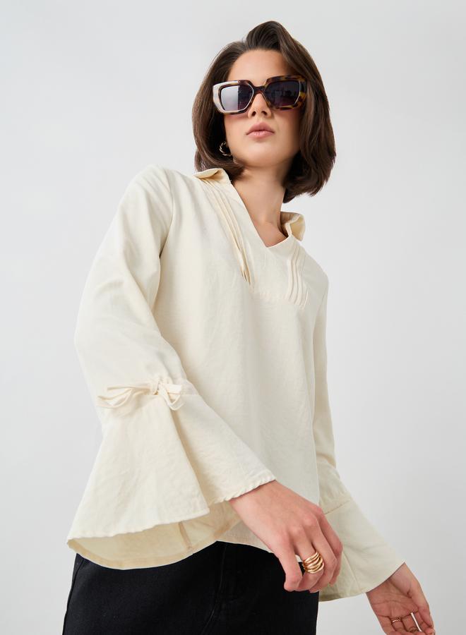 Styli Styli Solid Flute Sleeves Regular Fit Popover Shirt with Pintuck Detail  - Image 3