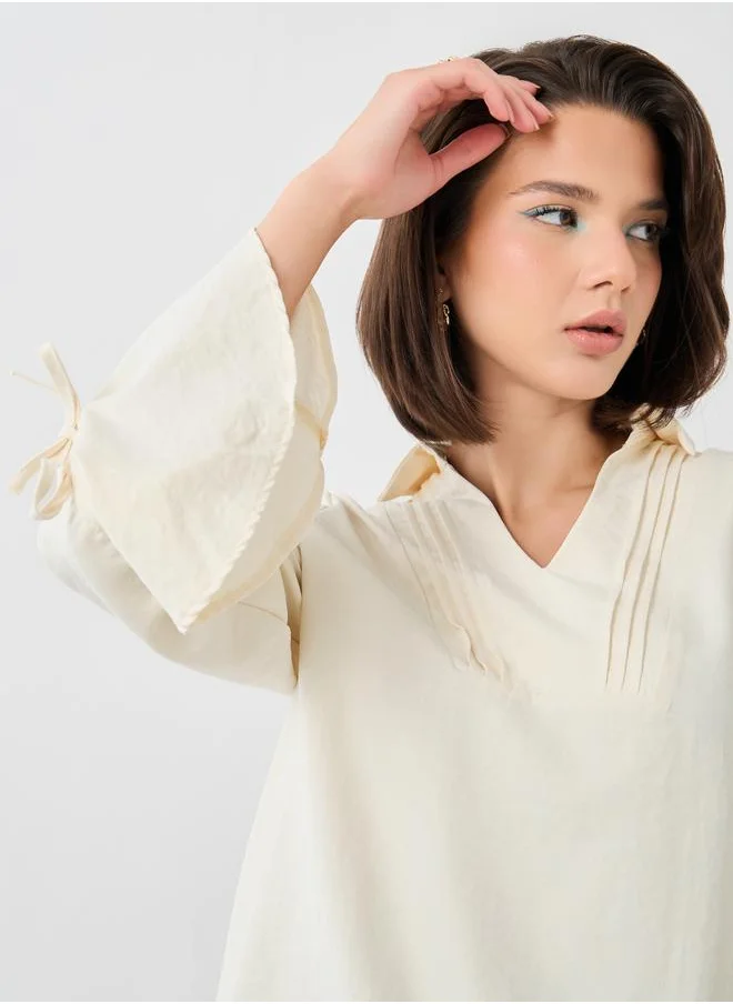 Styli Styli Solid Flute Sleeves Regular Fit Popover Shirt with Pintuck Detail