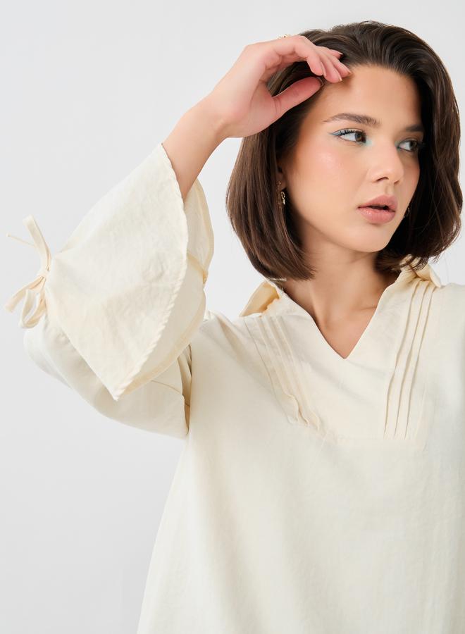 Styli Styli Solid Flute Sleeves Regular Fit Popover Shirt with Pintuck Detail  - Image 1