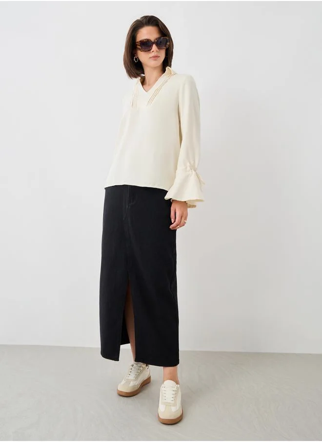 Styli Styli Solid Flute Sleeves Regular Fit Popover Shirt with Pintuck Detail