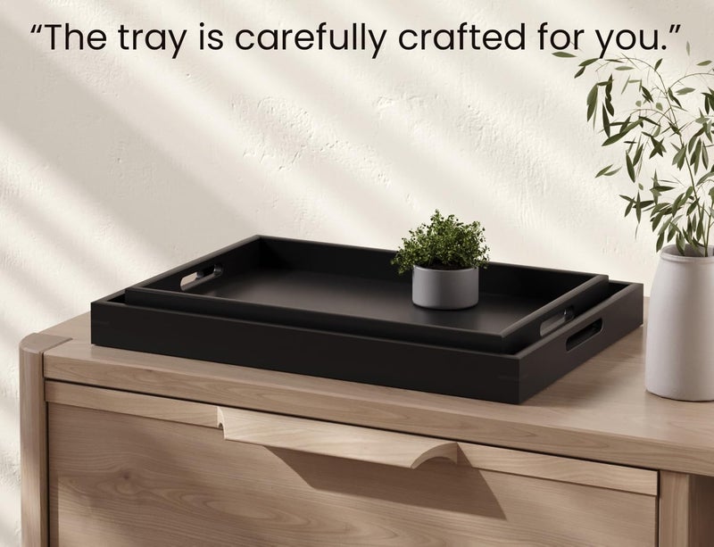 Fibogollo Bamboo Set of 2 Serving Tray with Handles,Decorative Trays Platter,Breakfast Tray in Bed,Food Drinks Tray for Eating,Working,Storing(Black) - Image 5