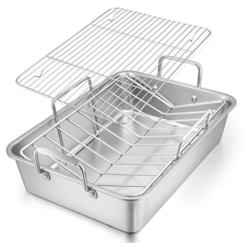 Roasting Pan, 16 x 11.5 Inch Stainless steel Turkey Roaster with Rack - Deep Broiling Pan and V-shaped Rack and Flat Rack, Non-toxic and Heavy Duty, Easy Clean and Dishwasher Safe - Large - Image 1