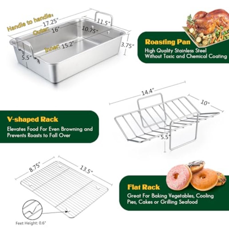 Roasting Pan, 16 x 11.5 Inch Stainless steel Turkey Roaster with Rack - Deep Broiling Pan and V-shaped Rack and Flat Rack, Non-toxic and Heavy Duty, Easy Clean and Dishwasher Safe - Large - Image 2