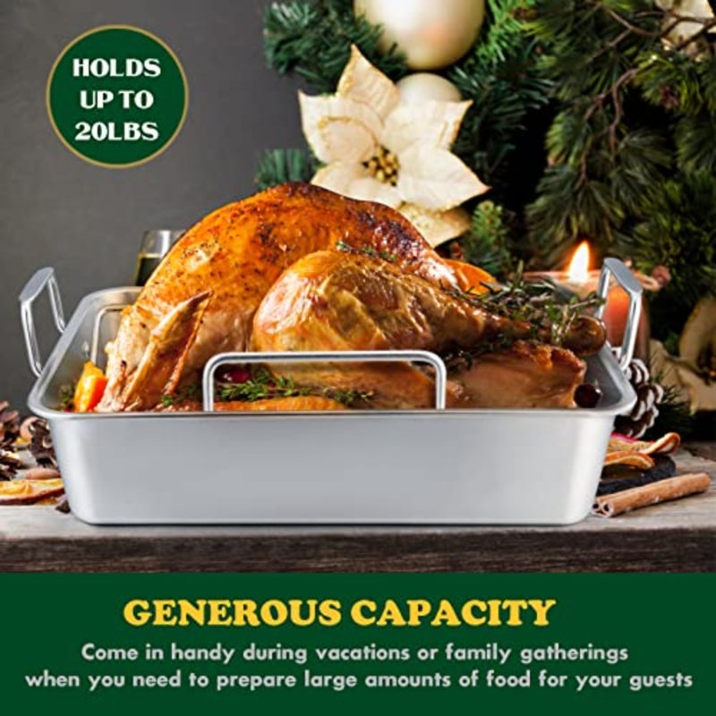 Roasting Pan, 16 x 11.5 Inch Stainless steel Turkey Roaster with Rack - Deep Broiling Pan and V-shaped Rack and Flat Rack, Non-toxic and Heavy Duty, Easy Clean and Dishwasher Safe - Large - Image 4