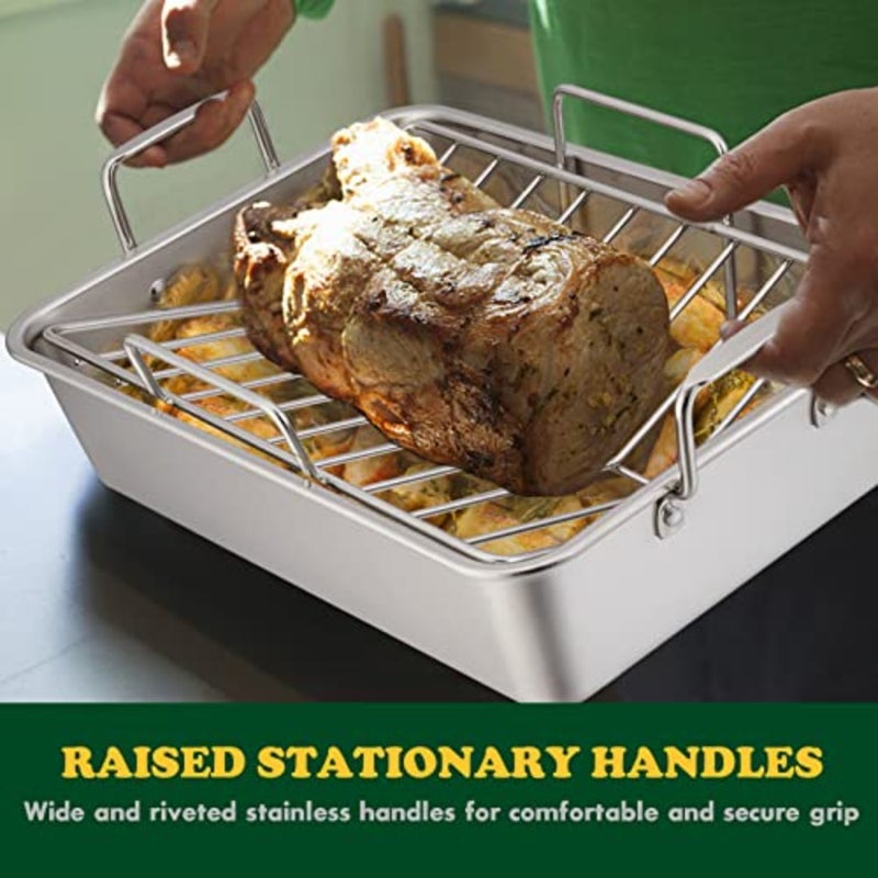 Roasting Pan, 16 x 11.5 Inch Stainless steel Turkey Roaster with Rack - Deep Broiling Pan and V-shaped Rack and Flat Rack, Non-toxic and Heavy Duty, Easy Clean and Dishwasher Safe - Large - Image 5