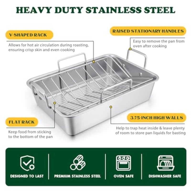 Roasting Pan, 16 x 11.5 Inch Stainless steel Turkey Roaster with Rack - Deep Broiling Pan and V-shaped Rack and Flat Rack, Non-toxic and Heavy Duty, Easy Clean and Dishwasher Safe - Large - Image 3