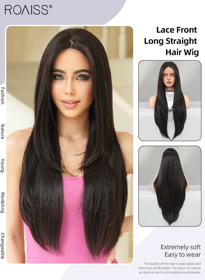 roaiss Women's Natural Black Lace Front Long Straight Hair Wig Natural Soft Synthetic Fiber Heat Resistant Wigs for Weddings, Cosplay Parties, Daily Wear, 85cm (33.46 in) - Image 1
