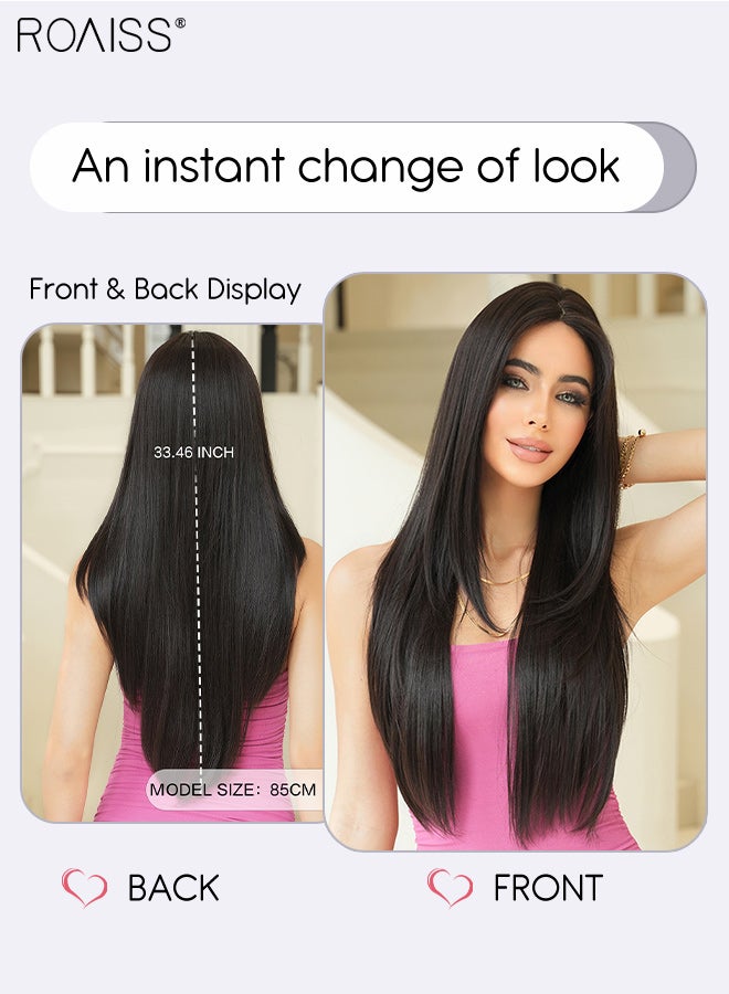 roaiss Women's Natural Black Lace Front Long Straight Hair Wig Natural Soft Synthetic Fiber Heat Resistant Wigs for Weddings, Cosplay Parties, Daily Wear, 85cm (33.46 in) - Image 3
