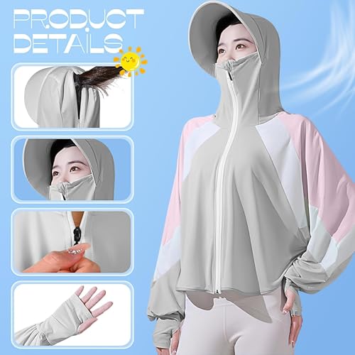 PALAY® Sun Protection Hoodie for Women Sun Protection Hoodie Jacket Full Zip UPF 50+ UV Block Clothing with Brim for Running Hiking Outdoor Quick Dry, Pink - Image 4
