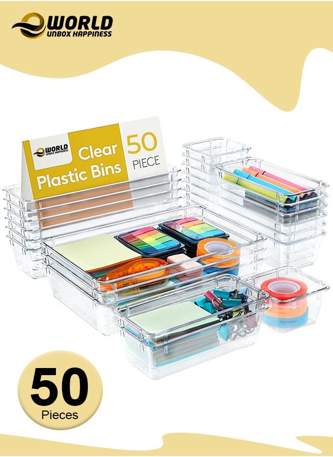 Eworld 50-piece Clear Plastic Desk Drawer Organizer Set, Stackable Trays in 4 Sizes for Bathroom, Bedroom, Kitchen, Office, and Vanity Storage  - Image 1