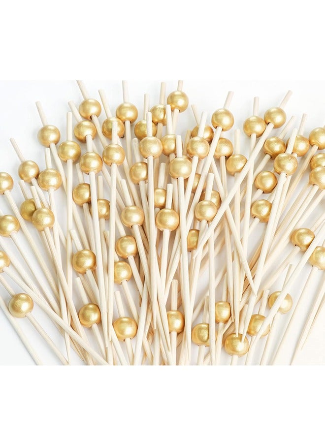 200PCS Cocktail Picks, Fancy Toothpicks for Appetizers, Decorative Skewers for Appetizers Drinks Party Fruit, 4.7 Inch Long Wooden Bamboo Gold Ball Food Sticks Charcuterie Boards Accessories - Image 1