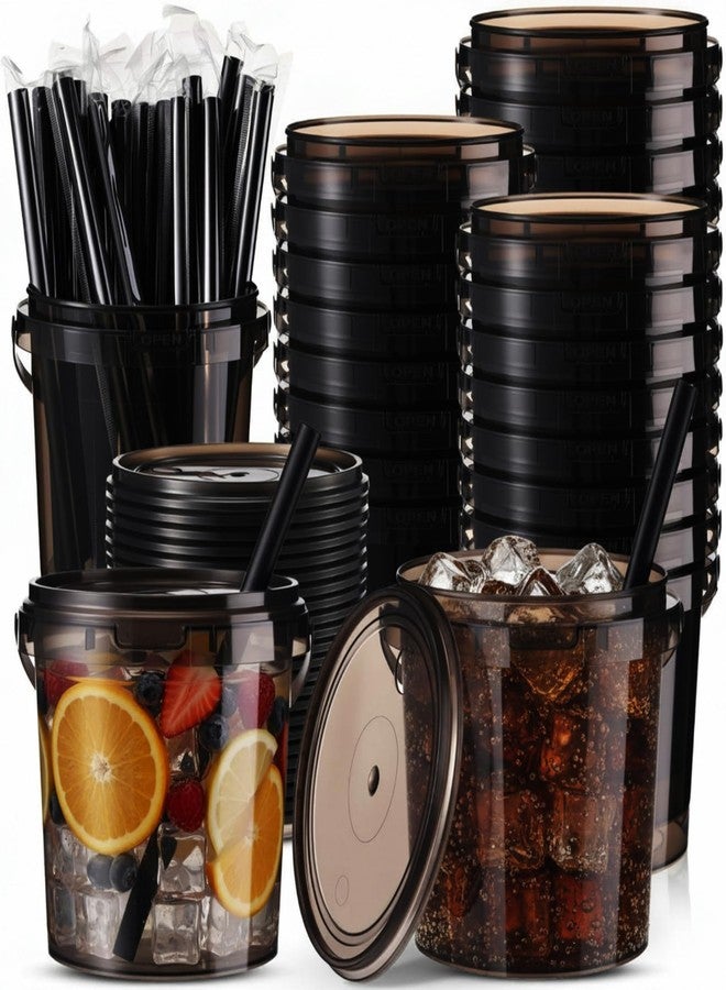 Funnymoom 24 Pack 32 oz Plastic Rum Buckets for Drinks with Straws Ice Cream Cocktail Bucket with Lids and Handles Reusable Food Containers Cup for Parties Summer Beach Bar Beer (Black) - Image 1