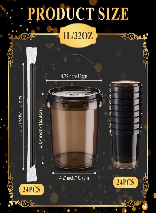 Funnymoom 24 Pack 32 oz Plastic Rum Buckets for Drinks with Straws Ice Cream Cocktail Bucket with Lids and Handles Reusable Food Containers Cup for Parties Summer Beach Bar Beer (Black) - Image 2