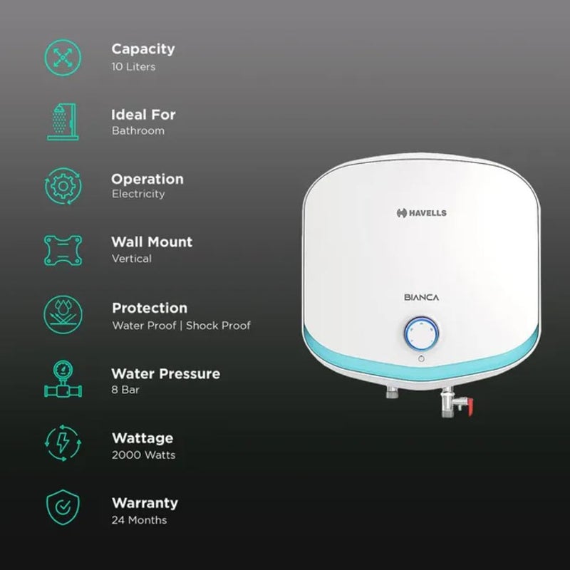 Havells Havells Bianca 10L Storage Water HeaterGeyser5 Star Temp Sensing LED KnobAnti Rust TankWarranty7 Yr on TankFree Installation With Shock Safe Plug Flexi PipeHigh Rise CompatibleWhite Blue  - Image 3