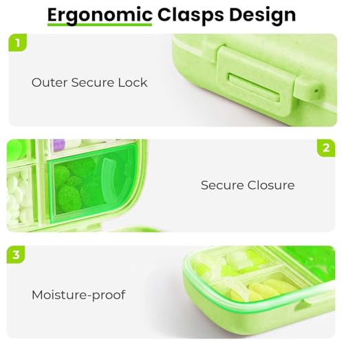 Homeaura Medicine Organizer Pill Box for Travel with 8 Compartments | Airtight Tablet Box for Medicine Storage | Wheat Straw Material BPA Free Moisture Proof | Portable Daily Pill Case | Green 1 Pc - Image 2