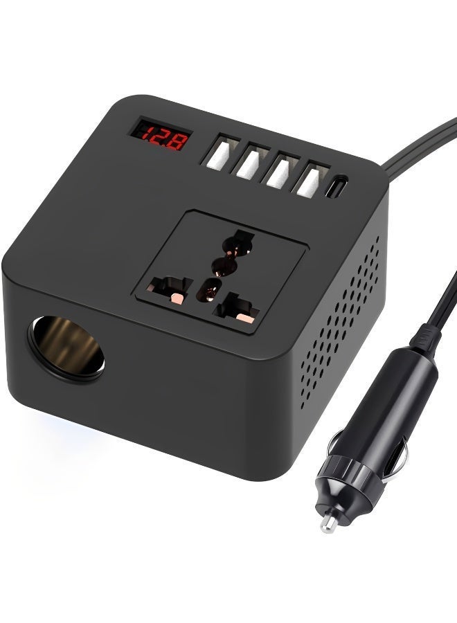 شاحن عاكس طاقة للسيارة بقدرة 150 واط لسيارات 12 فولت/24 فولت، مزود بـ 4 منافذ USB، وشحن سريع PD Type-C، ومقبس AC عالمي دولي، ومحول ولاعة السجائر - Image 1